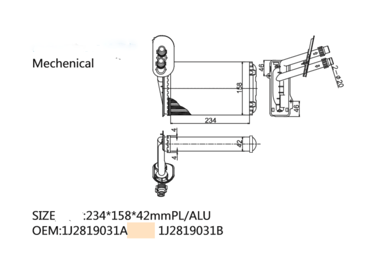 European car OEM 1J2819031A 1J2819031B NISSENS 73850 Aluminum car heater core
